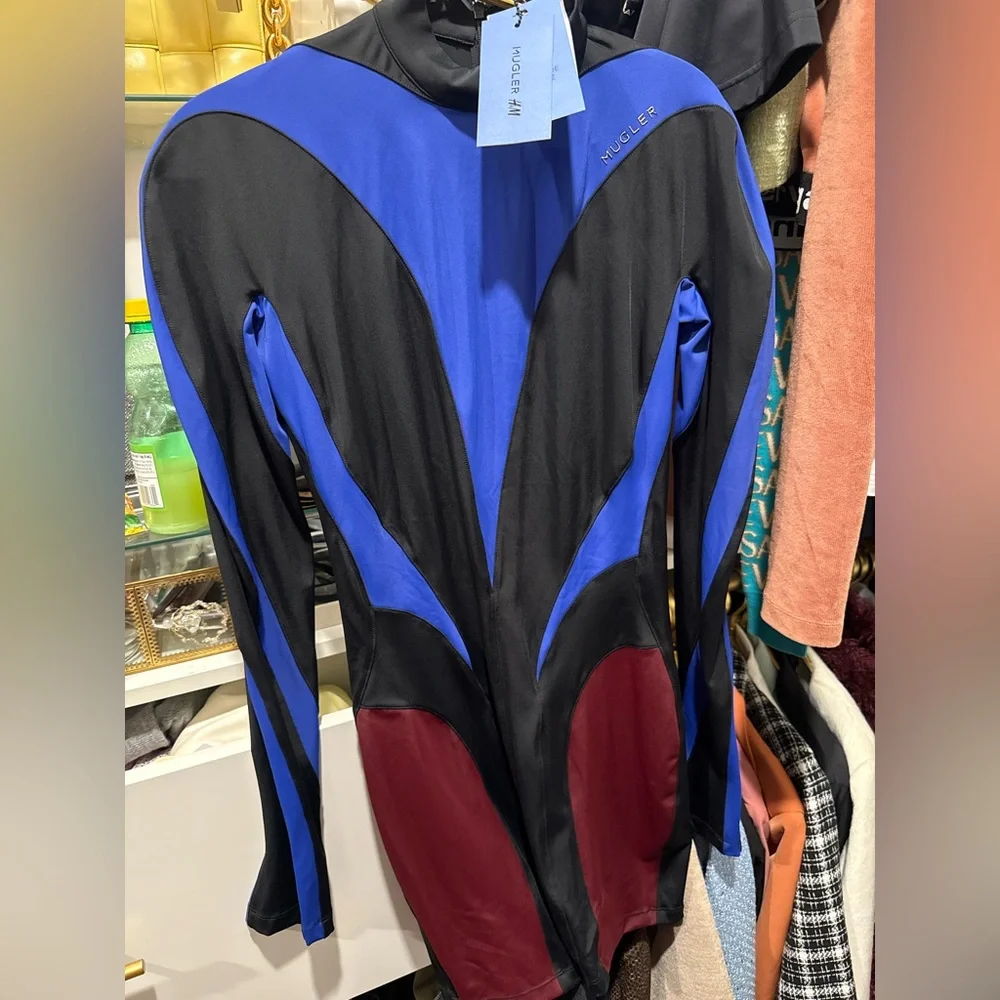 H&M Mugler Black and Blue Performance Jacket with Burgundy Highlights - Picture 2 of 3